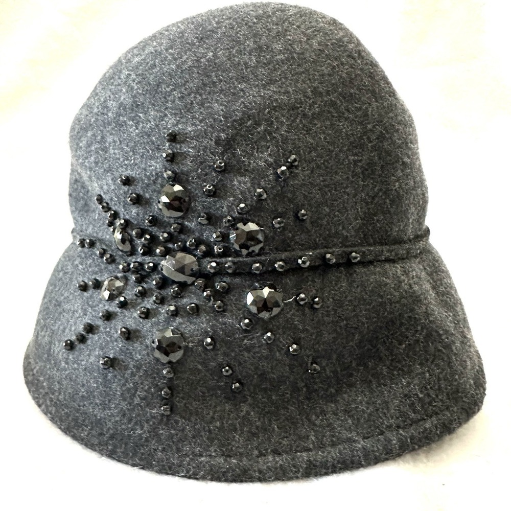 Scala OS 100% Wool Cloche Beaded Starburst Rhinestone Bucket Hat Bratz Y2K 1920s